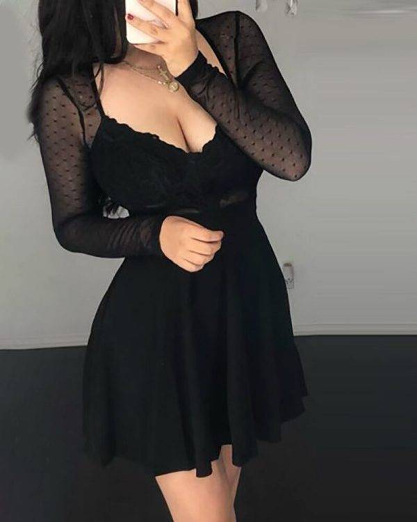 Dress Women Fashion Sexy V Neck Black Party Club Dot Mesh Dress Long Sleeve Mini Dress Gothtopia https://gothtopia.com