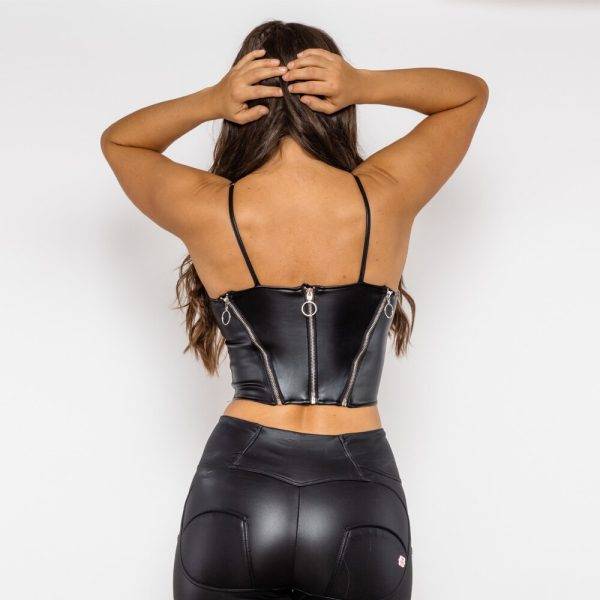 Shascullfites Melody Leather Shapers Black Pu Leather Shapers Zippers Crop Top Gothic Women Slim Fit Tops Sleeveless Straps Top Gothtopia https://gothtopia.com