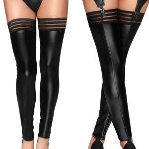 Sexy PU Leather Stockings Women Lace Stripe Black Thigh High Socks Gothic Overknees Striped High Socks Stay Up Stockings Gothtopia https://gothtopia.com