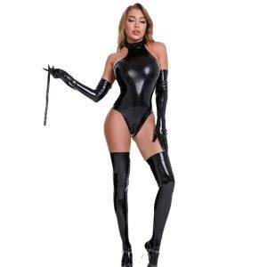 Backless Turtleneck Bodysuit For Women Sleeveless PU Faux Leather Shapewear Oil Shiny One Piece Gothic Tops Sexy Stage Outfits Gothtopia https://gothtopia.com