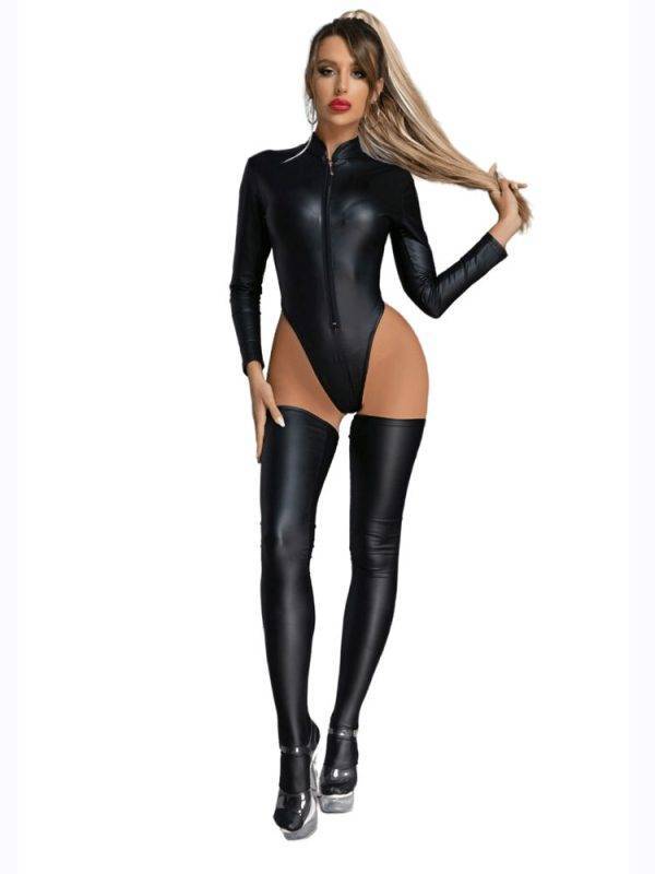 Sexy Long Sleeve Faux Leather Shiny High Cut Thong Bodysuit Front Zipper Club Outfits Stage Dance Role Play Tights With Stocking Gothtopia https://gothtopia.com