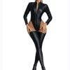 Sexy Long Sleeve Faux Leather Shiny High Cut Thong Bodysuit Front Zipper Club Outfits Stage Dance Role Play Tights With Stocking Gothtopia https://gothtopia.com