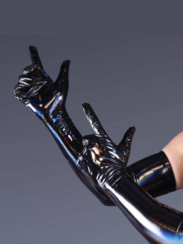 Sexy Five Finger Goth Gloves PVC Wetlook Night Club Stage Performance Long Gloves Faux Leather Gothic Lolita Party Accessories Gothtopia https://gothtopia.com