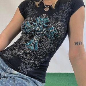 Women’s Gothic Y2K Rhinestone Cross Short Sleeve Round Neck Retro Vintage Slim T-shirt Gothtopia https://gothtopia.com