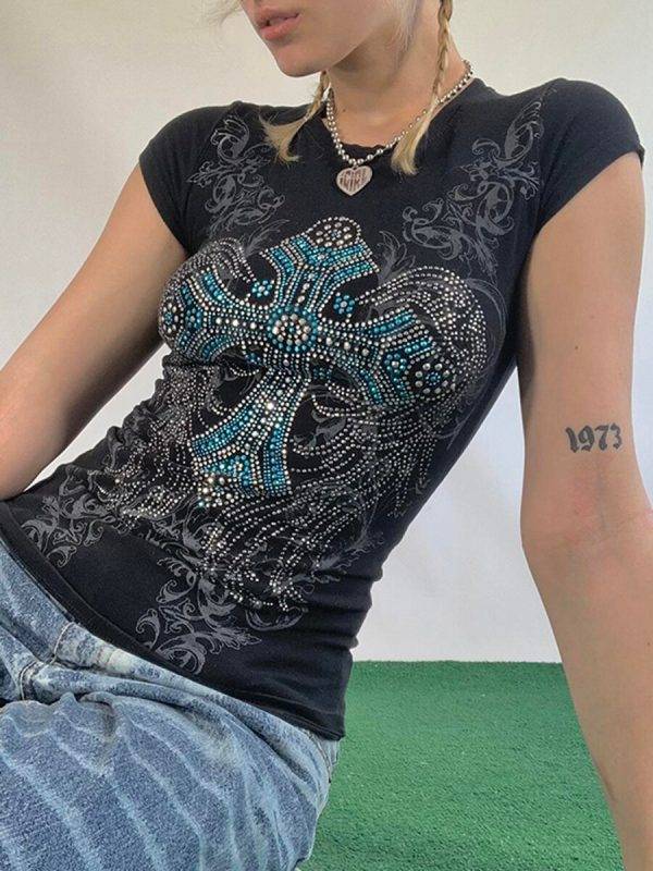 Women’s Gothic Y2K Rhinestone Cross Short Sleeve Round Neck Retro Vintage Slim T-shirt Gothtopia https://gothtopia.com