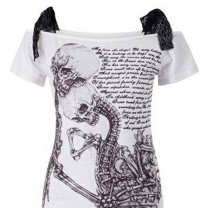 Women’s Gothic Y2K Grunge T Shirt Skull Print Short Sleeve Off Shoulder Crop Tops Gothtopia https://gothtopia.com