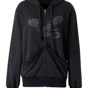 Women s Drawstring Rivet Hoodies Gothic Angel Wings Print Long Sleeve Full Zip Sweatshirts Gothtopia https://gothtopia.com