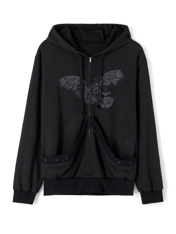 Women s Drawstring Rivet Hoodies Gothic Angel Wings Print Long Sleeve Full Zip Sweatshirts Gothtopia https://gothtopia.com