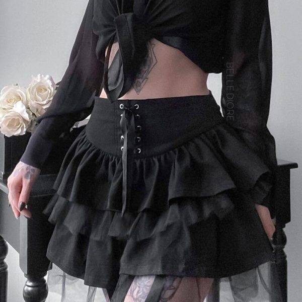 Dark Gothic Style Mesh Stitching Lace High Waist Cake Skirts Gothtopia https://gothtopia.com