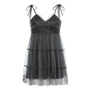 Elegant Y2K Dark Veil Gothic Emo Tie Up Mesh Patch V Neck High Waist Mini Suspender Dress Gothtopia https://gothtopia.com
