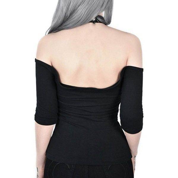 Gothic Black Sexy Shirt With Choker Short Sleeve Off Shoulder Halter Top Gothtopia https://gothtopia.com