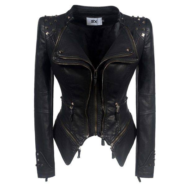 Women Faux Leather Rivets PU Jacket Winter Autumn Gothic Black Motorcycle Jacket S-6XL Gothtopia https://gothtopia.com