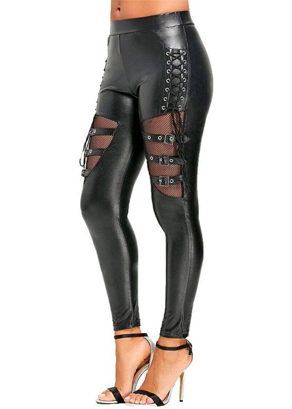 Women’s Fishnet Trim Lace Up PU Leather Pants Thin Lightweight Gothic Punk Leggings Fitness Pants Gothtopia https://gothtopia.com
