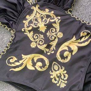 New Sexy Elegant Gothic Golden Print Deep-V One Piece Swimsuit Swimwear Gothtopia https://gothtopia.com