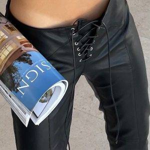 Gothic Punk Fashion Low Waist Lace Up Black Loose Straight PU Leather Pants Gothtopia https://gothtopia.com