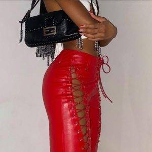 Women’s Punk Goth Faux Leather Lace-up High Waist Skinny Hollow Out Long Pants Gothtopia https://gothtopia.com