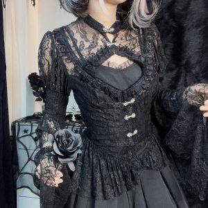 Palace Style Vintage Gothic Dark Academia Black Lace Sexy Hollow Out See Through Smock Top Gothtopia https://gothtopia.com