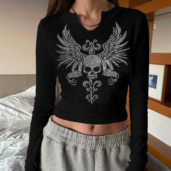 Gothic Skull Wing Pattern T Shirt Knitted Ribbed O-Neck Long Sleeve Y2K Dark Academia Grunge Mall Goth Crop Tops Gothtopia https://gothtopia.com