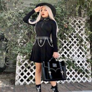 Punk Style Gothic E-girl Grunge Mesh Cross Hollow Out Vintage High Waist A-line Black Dress Gothtopia https://gothtopia.com