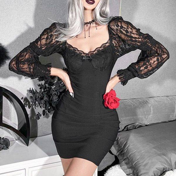 Gorgeous Lace Sleeve Bodycon Gothic Dark Academia Emo Alt Clothes Slim Fit Mini Dress Gothtopia https://gothtopia.com