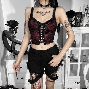 Elegant Dark Academia Corset Cami Top Sexy Front Hollow Out Bandage Lace Trim Backless Crop Top Gothtopia https://gothtopia.com