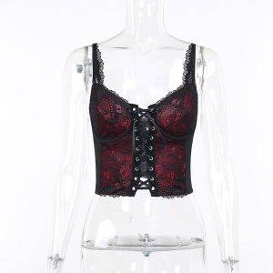 Elegant Dark Academia Corset Cami Top Sexy Front Hollow Out Bandage Lace Trim Backless Crop Top Gothtopia https://gothtopia.com