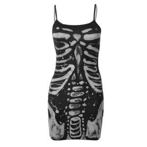 Gothic Bone Printed Mini Dress Y2K Aesthetic Vintage Slim Fit Spaghetti Strap Dress Gothtopia https://gothtopia.com