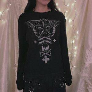 Star Skulls Graphic Print Long Sleeve T Shirt Dark Academia Grunge Mall Goth Pullovers Gothtopia https://gothtopia.com