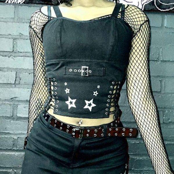 Gothic Star Print Corset Top Tie Up Bandage Skinny Cropped Dark Academia Mall Goth Grunge Camisole Gothtopia https://gothtopia.com