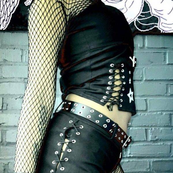Gothic Star Print Corset Top Tie Up Bandage Skinny Cropped Dark Academia Mall Goth Grunge Camisole Gothtopia https://gothtopia.com