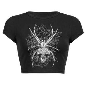 Grunge Dark Punk Skull Print Graphic T-Shirt Spider Web Skeleton Gothic Y2K Casual Slim Crop Top Gothtopia https://gothtopia.com
