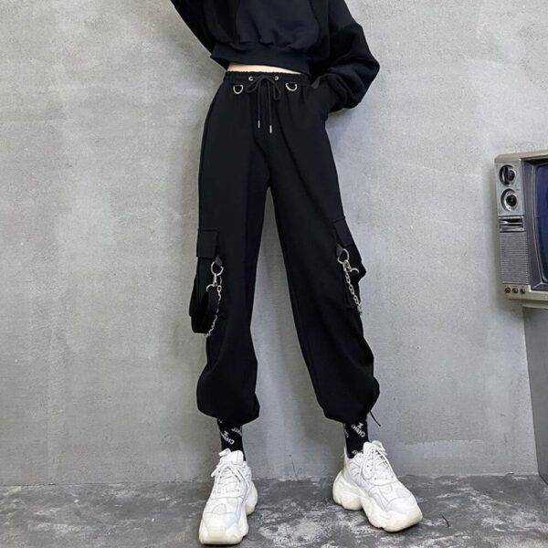 Gothic Black Women’s Punk Chain Pants High Waist Streetwear Cargo Pants Gothtopia https://gothtopia.com