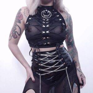Gothic Punk Sexy Hollow Out Backless Bandage Ring Mesh Exotic Camisole Crop Top Tank Top Gothtopia https://gothtopia.com