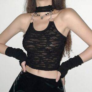 Gothic Dark Academia Black Holes Ripped Sexy Backless Slim Fit Y2K Aesthetic Grunge Crop Top Cami Gothtopia https://gothtopia.com