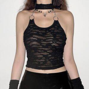 Gothic Dark Academia Black Holes Ripped Sexy Backless Slim Fit Y2K Aesthetic Grunge Crop Top Cami Gothtopia https://gothtopia.com