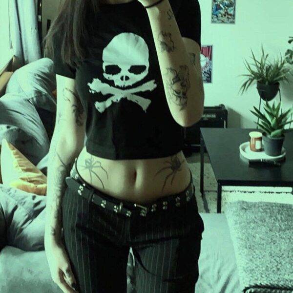 Vintage Gothic Skull Print Dark Academia Punk Grunge Short Sleeve Crop Top Gothtopia https://gothtopia.com