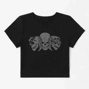 Rhinestone Skulls Pattern Black E-girl Gothic Dark Academia Mall Goth Skinny Y2K Aesthetics Grunge Crop Top Gothtopia https://gothtopia.com