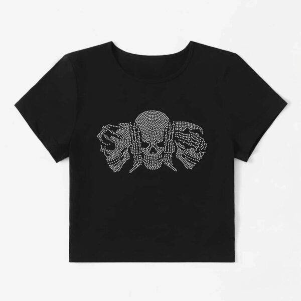 Rhinestone Skulls Pattern Black E-girl Gothic Dark Academia Mall Goth Skinny Y2K Aesthetics Grunge Crop Top Gothtopia https://gothtopia.com