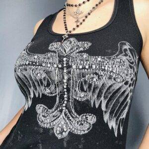 Y2K Cross Wings Graphics Print Aesthetic Grunge Sleeveless T Shirt Vest Gothic Crop Top Gothtopia https://gothtopia.com