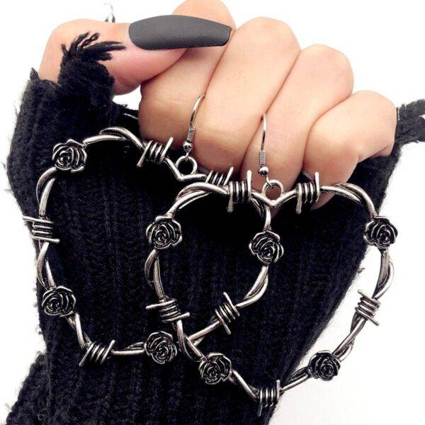 Gothic Barbed Wire Heart Drop Metal Earrings with Rose Inserts Gothtopia https://gothtopia.com