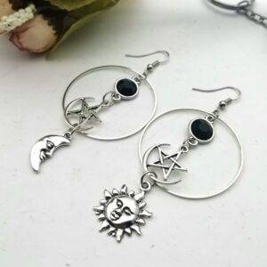 Gothic Celestial Crescent Goddess Pentagram Witch Sun Moon Black Birthstone Earrings Gothtopia https://gothtopia.com