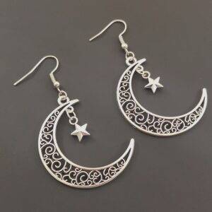 Crescent Moon with Dangle Stars Mysterious Gothic Celtic Pagan Huggie Hook Earrings Gothtopia https://gothtopia.com