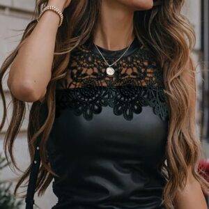 Gorgeous Elegant Women’s Gothic Solid PU Leather Lace Patch Drawstring Mini Dress Gothtopia https://gothtopia.com