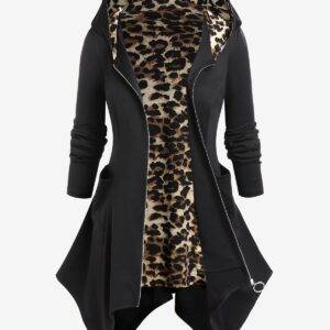 Leopard Print Pockets Women’s Autumn Winter Long Sleeves Handkerchief Hoodie Coat M-5XL Gothtopia https://gothtopia.com
