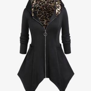 Leopard Print Pockets Women’s Autumn Winter Long Sleeves Handkerchief Hoodie Coat M-5XL Gothtopia https://gothtopia.com