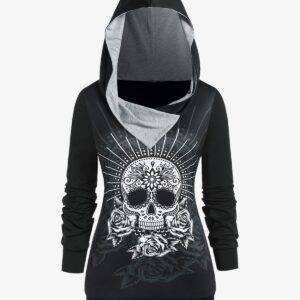 Gothic Skull Rose Print Stretchy Cozy Basic Y2K Pullover Sweatshirts Hoodie M-5XL Gothtopia https://gothtopia.com