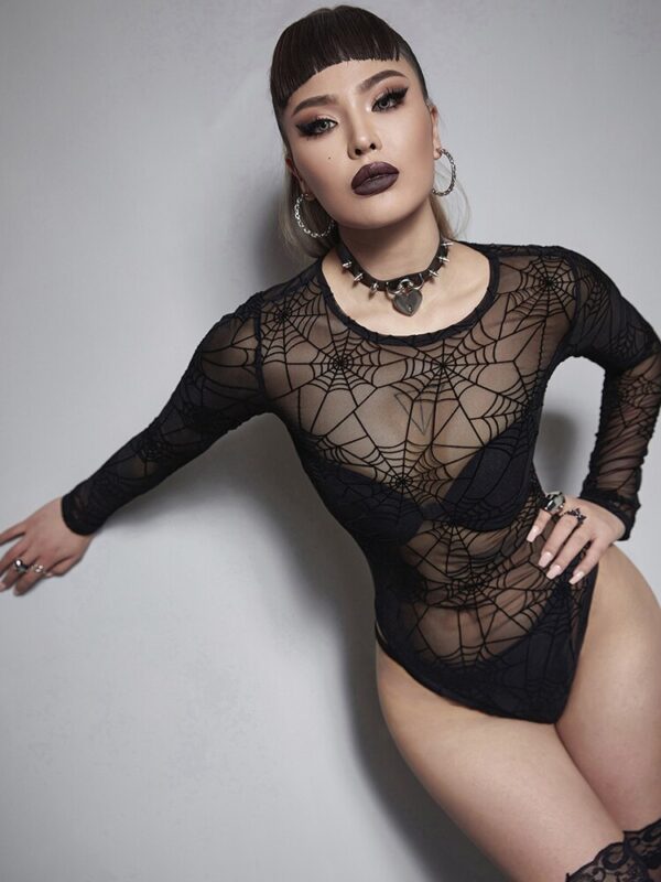 Gothic Emo Mesh Black Women’s Spider Web Long Sleeve Punk Bodycon See Through Aesthetic Bodysuits Gothtopia https://gothtopia.com