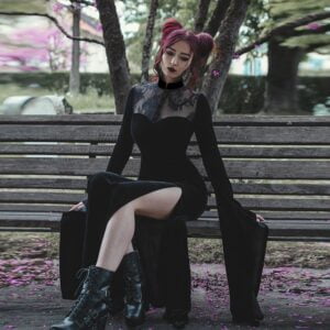Black High Waist Flared Sleeve Lace Cutout Gothic Long Aesthetic Maxi Dress Gothtopia https://gothtopia.com
