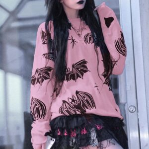 Y2K Gothic Bat Print Black or Pink Sweater Grunge Fashion Winter Aesthetic Long Sleeve Pullover Gothtopia https://gothtopia.com
