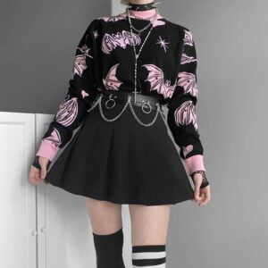 Y2K Gothic Bat Print Black or Pink Sweater Grunge Fashion Winter Aesthetic Long Sleeve Pullover Gothtopia https://gothtopia.com